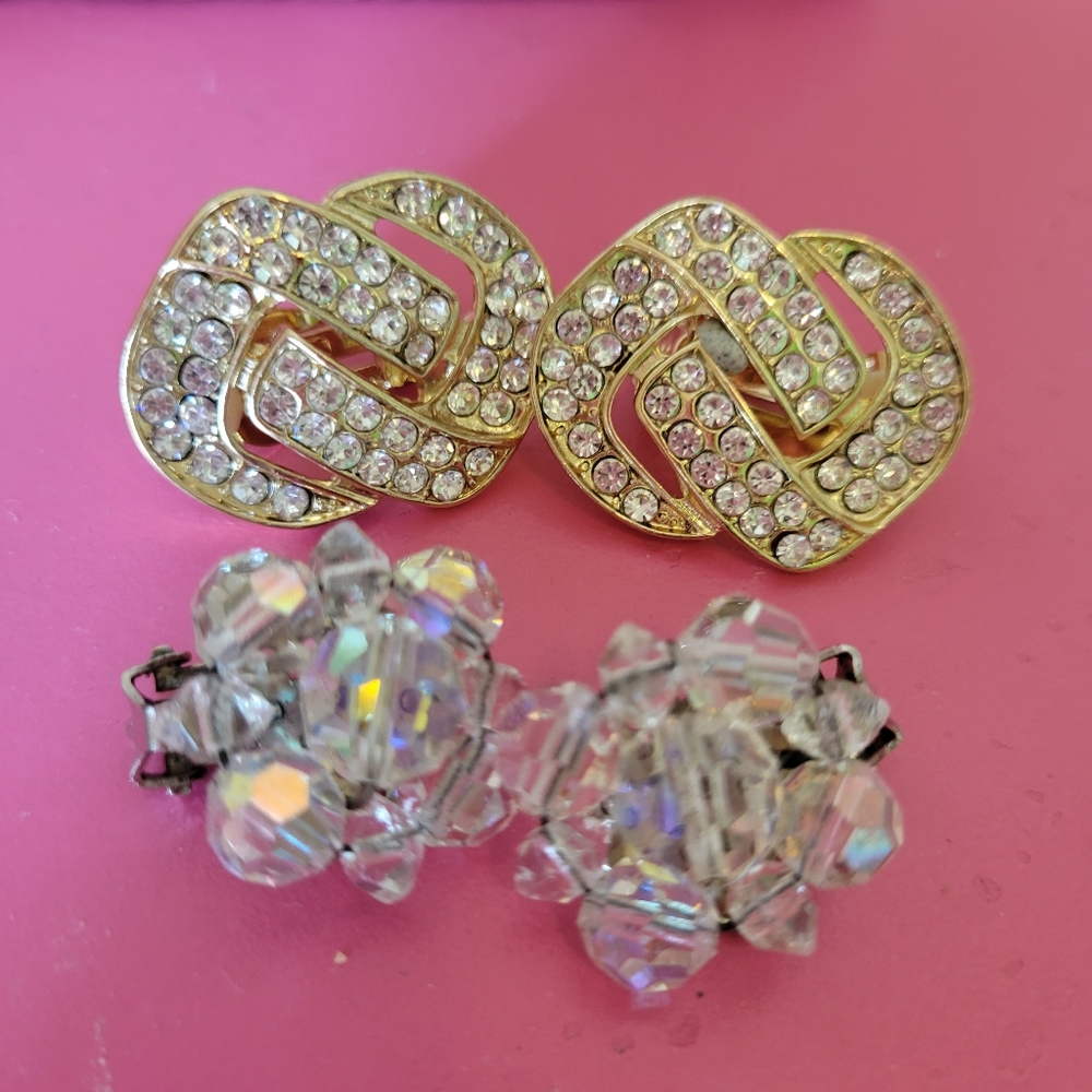 Clip-On Earrings ~ Vintage - Now ~ MCM Beaded Crystal & Current Rhinestone ~ 2pr